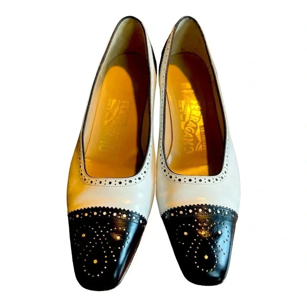 Salvatore Ferragamo Two-Tone White and Black Leather Brogue Flats